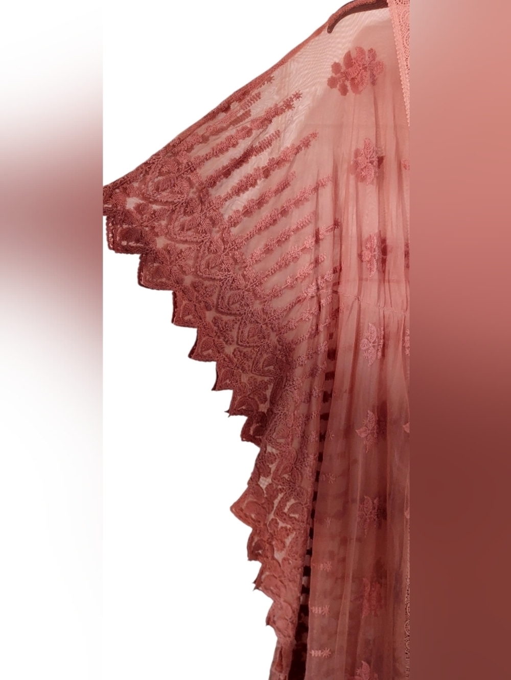 VENUS Sheer Lace-Trim Kimono in Coral Pink - Picture 2 of 4